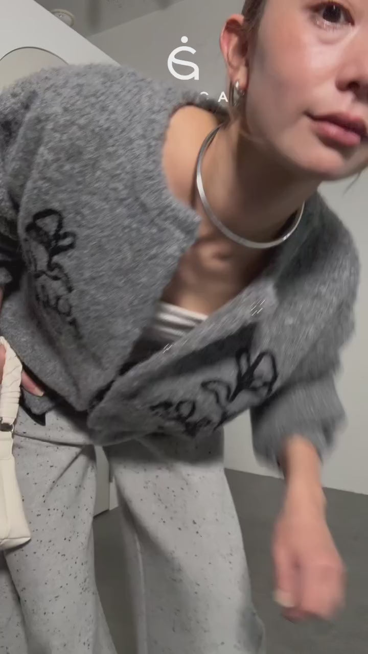 SET]テープ刺繍ニットカーディガン+ベルト付きネップツイードカーブ