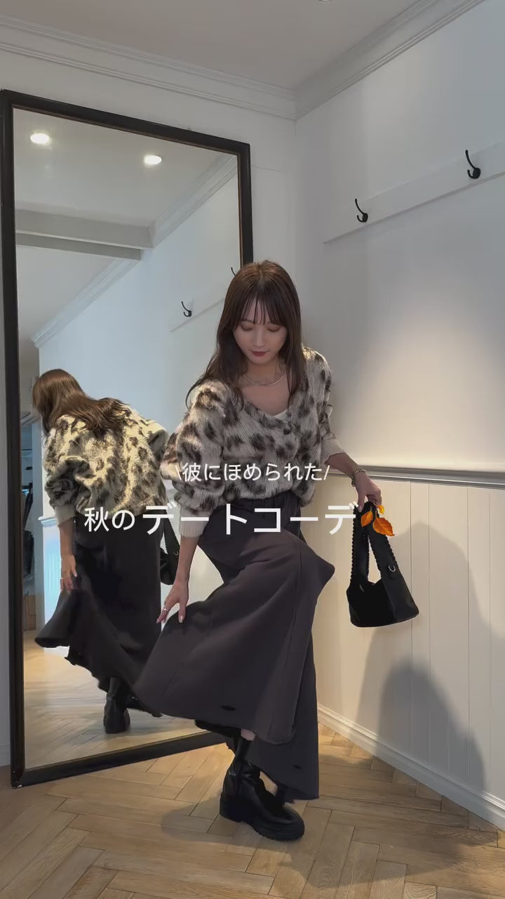 [SET]モヘアタッチレオパードVネックカーディガン+切り替えスウェットフレアスカート(2set)