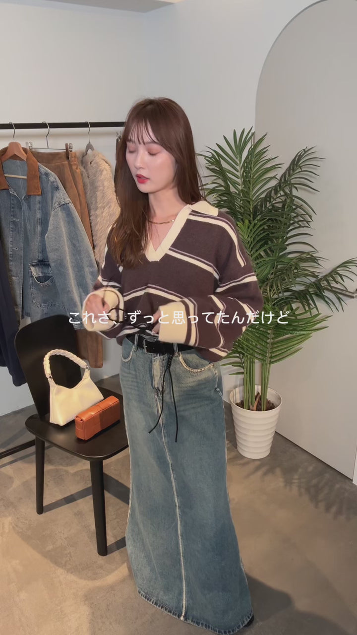 [SET]アルパカタッチボーダーラガーニット+フェイクレザー太ベルト付きデニムワイドスカート(2set)
